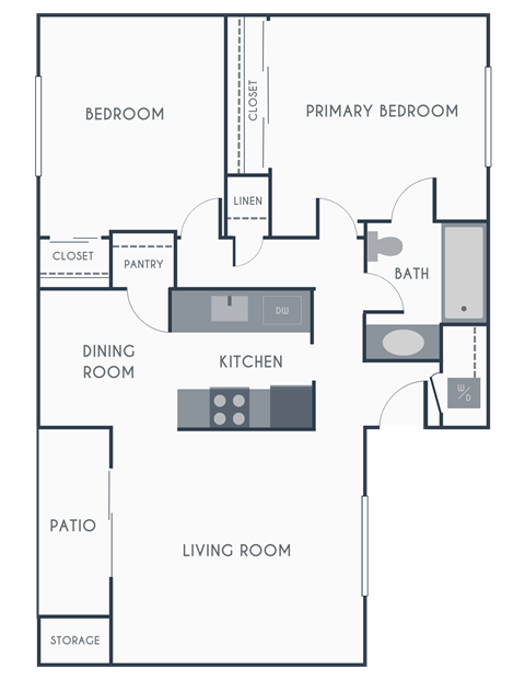 Floor plan for 2 beds, 1 bath, 1000 sqft